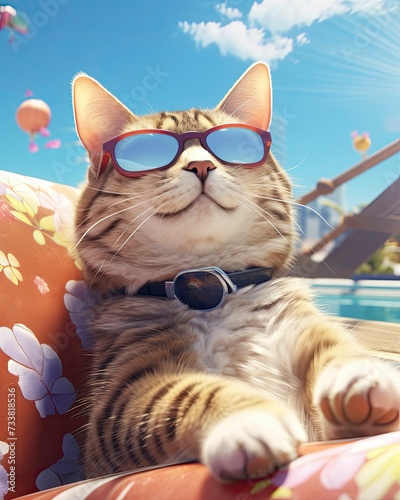 AI generated illustration of a cat relaxing in the swimming pool with a pair of sunglasses