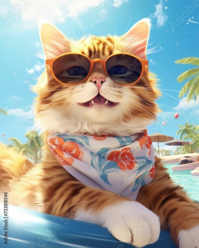AI generated illustration of a cat in sunglasses relaxing in a swimming pool