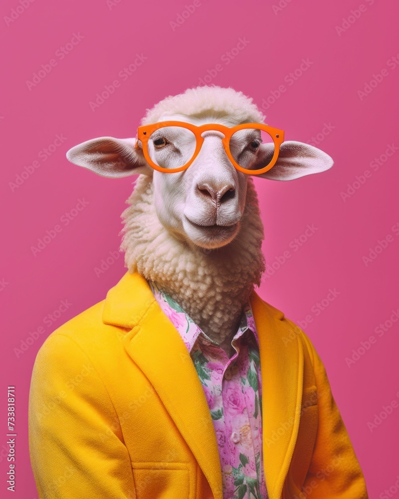 AI generated illustration of a white sheep on a pink background