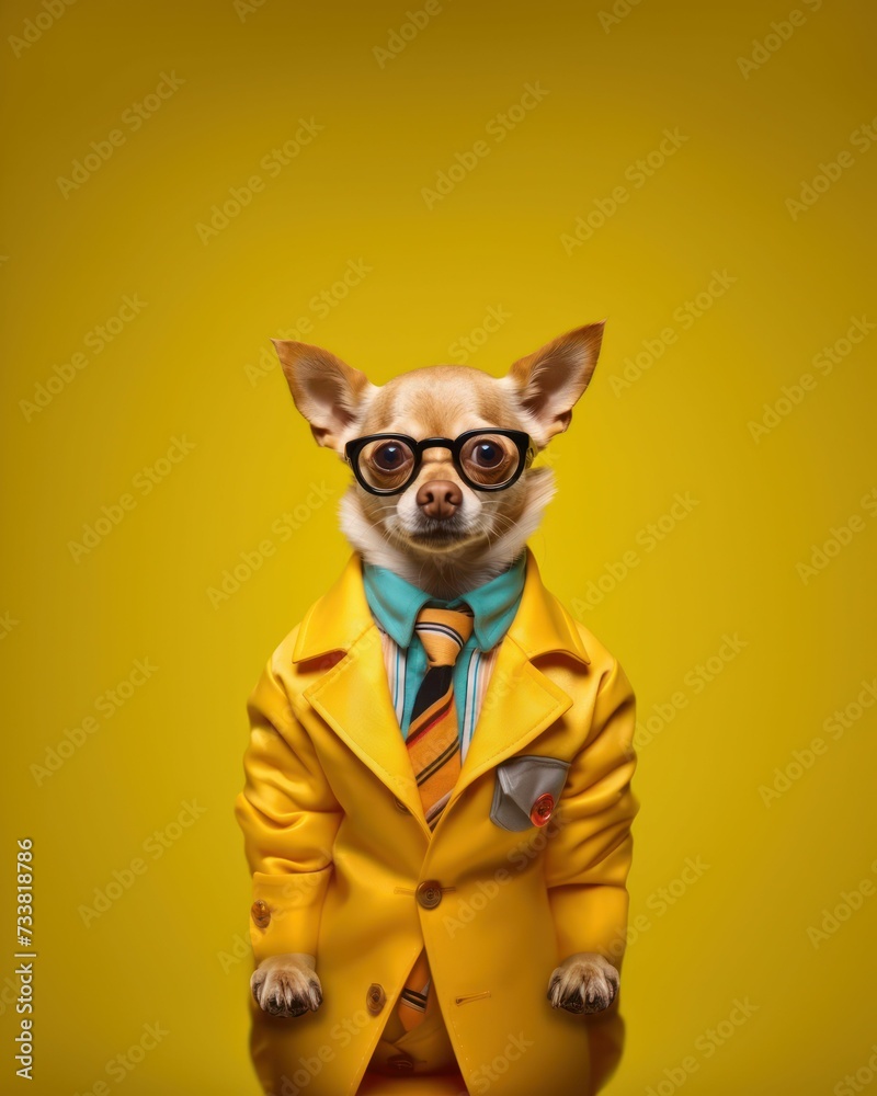 AI generated illustration of a Chihuahua wearing a coat on a vibrant background AI generated illustration of a Chihuahua wearing a coat on a vibrant background