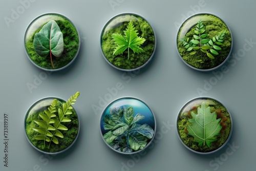 Petri dishes with assorted green leaves on a mossy background.