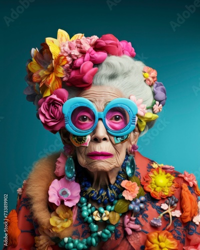 AI generated illustration of an elderly woman in sunglasses with flowers in her hair