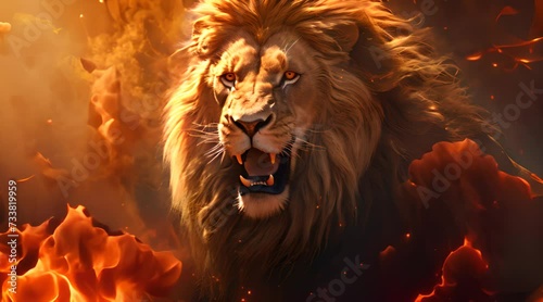 Big male lion with a huge mane on the background of fire photo