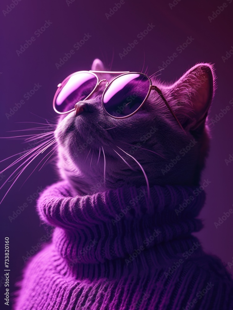 Naklejka premium Stylish Cat in Sunglasses and Sweater