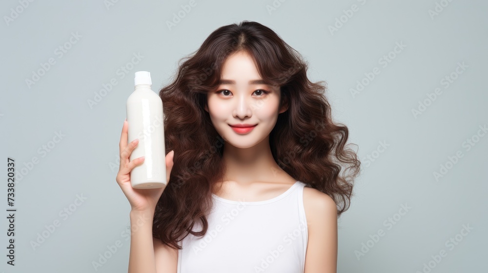 Woman Presenting Beauty Product. A radiant young woman with voluminous curls confidently presents a bottle of beauty product, her friendly smile suggesting satisfaction and trust in the brand Woman Presenting Beauty Product. A radiant young woman with voluminous curls confidently presents a bottle of beauty product, her friendly smile suggesting satisfaction and trust in the brand