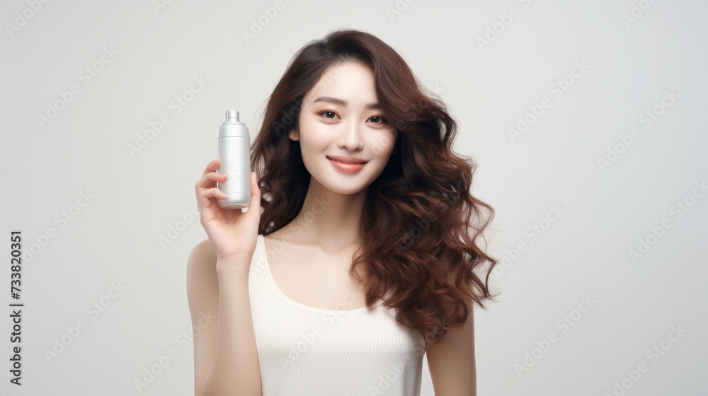 Woman Presenting Beauty Product. A radiant young woman with voluminous curls confidently presents a bottle of beauty product, her friendly smile suggesting satisfaction and trust in the brand Woman Presenting Beauty Product. A radiant young woman with voluminous curls confidently presents a bottle of beauty product, her friendly smile suggesting satisfaction and trust in the brand