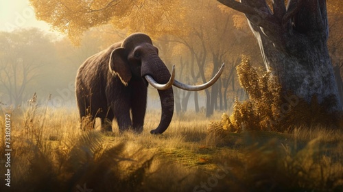AI generated illustration of a majestic elephant standing in a tranquil meadow