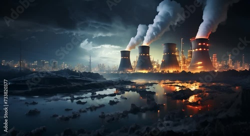 Power plant with smoking chimneys at night. Concept of environmental pollution photo