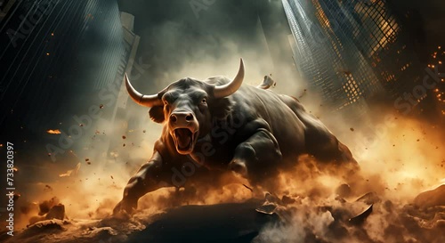 The collapse of the financial market. Big bull fighting in the ruins photo