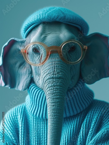 Elephant Wearing Glasses and Blue Sweater © hakule