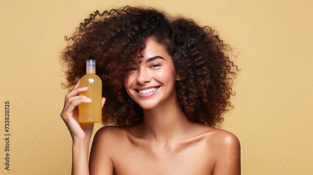 closeup of beautiful young model woman with curly hair holding bottle of shampoo or conditioner hair product. Mock up, advertising for care and beauty hair product. Concept promotion cosmetic product closeup of beautiful young model woman with curly hair holding bottle of shampoo or conditioner hair product. Mock up, advertising for care and beauty hair product. Concept promotion cosmetic product