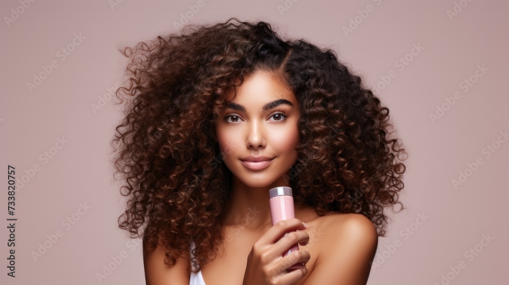 closeup of beautiful young model woman with curly hair holding bottle of shampoo or conditioner hair product. Mock up, advertising for care and beauty hair product. Concept promotion cosmetic product - obrazy, fototapety, plakaty 