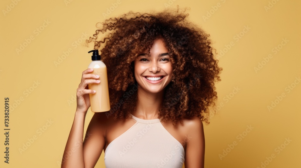 closeup of beautiful young model woman with curly hair holding bottle of shampoo or conditioner hair product. Mock up, advertising for care and beauty hair product. Concept promotion cosmetic product - obrazy, fototapety, plakaty 