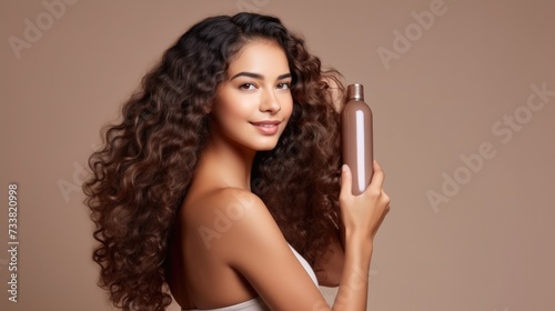closeup of beautiful young model woman with curly hair holding bottle of shampoo or conditioner hair product. Mock up, advertising for care and beauty hair product. Concept promotion cosmetic product
