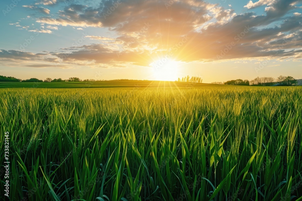 Evening sun illuminates panoramic green field.