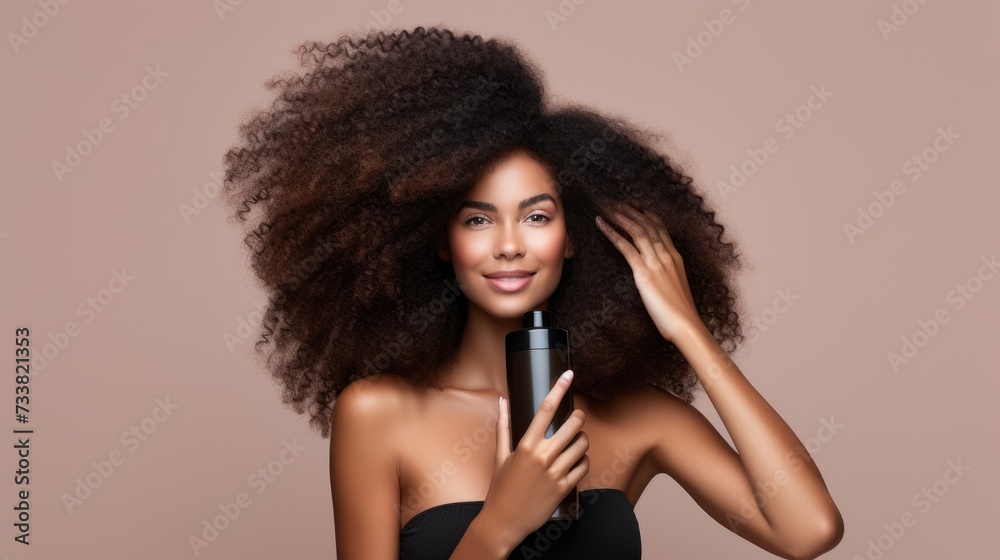 closeup of beautiful young model woman with curly hair holding bottle of shampoo or conditioner hair product. Mock up, advertising for care and beauty hair product. Concept promotion cosmetic product closeup of beautiful young model woman with curly hair holding bottle of shampoo or conditioner hair product. Mock up, advertising for care and beauty hair product. Concept promotion cosmetic product
