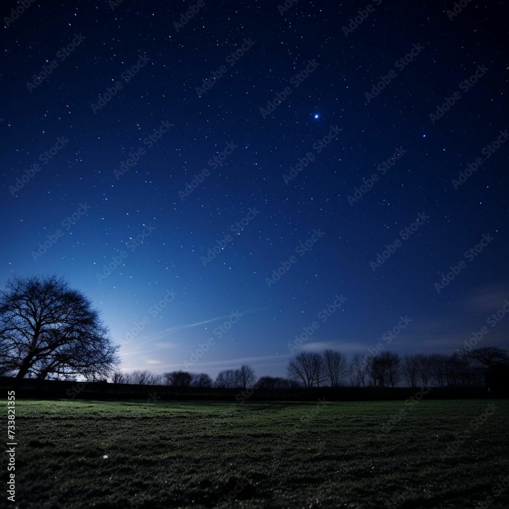 AI generated illustration of a landscape with a tranquil sky illuminated with a full moon and stars