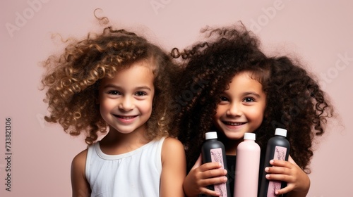 closeup of beautiful little girl with curly hair holding bottle of shampoo or conditioner hair care. Mock up, advertising for care and beauty child hair product, promotion cosmetic product for kids