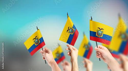 Fototapeta Naklejka Na Ścianę i Meble -  A group of people are holding small flags of Ecuador in their hands.