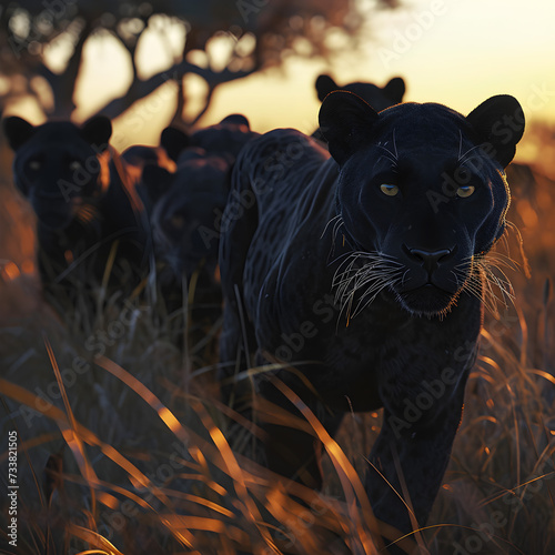 Black panthers standing in the savanna with setting sun shining. Group of wild animals in nature.