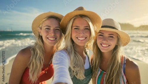 group of friends candidly enjoying on a beach vacation, smiling broadly with joy and gratitude