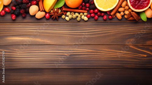 Dry fruits placed on a wooden texture background top view - ai generative photo