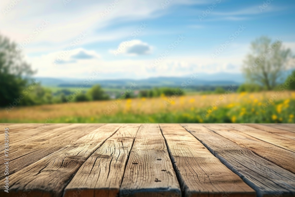 Empty wooden table top with farmland and blue sky background.