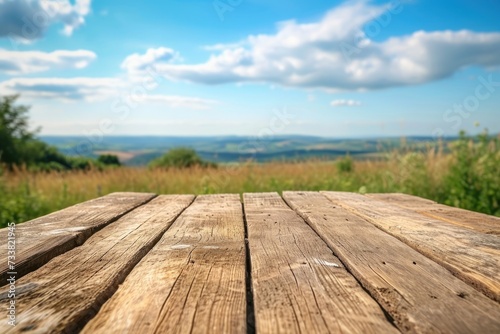 Empty wooden table top with farmland and blue sky background.