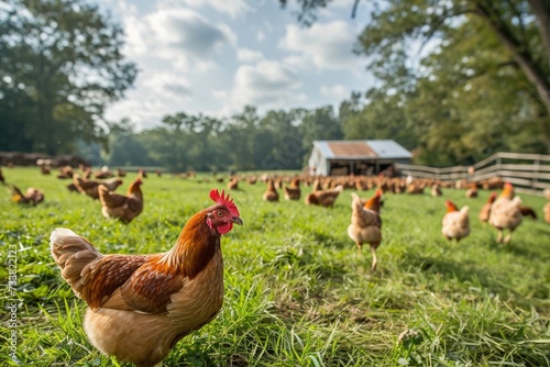 Beautiful image of freerange chickens in field and coop. © darshika