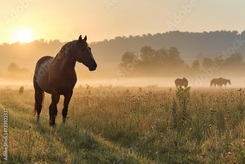 Sunrise field with thoroughbred horses. © darshika