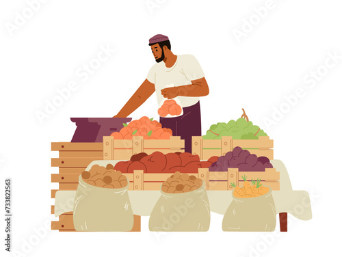 Arabian man selling fruits and vegetables flat vector illustration isolated on white. Middle Eastern man weighting fruits on a bazaar.