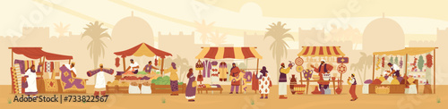 Arabian street bazaar with buyers and sellers with ancient city at the background flat vector horizontal banner. Middle Eastern market with different crafts and food stalls flat vector illustration.