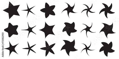 Minimalist silhouette y2k stars icon in black colour, twinkle star shape symbols. Modern geometric elements, shining star icons, abstract sparkle black silhouettes symbol vector set in eps10.