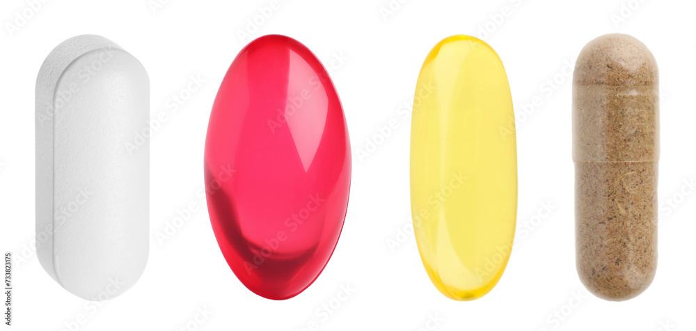 Vitamin. Many different pills isolated on white, set