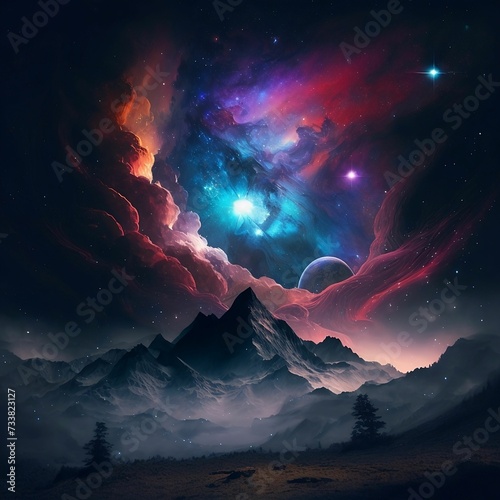 AI generated illustration of a mountain peak illuminated by a beautiful galaxy in the sky