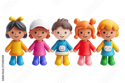 Colorful cartoon children figurines holding hands on black