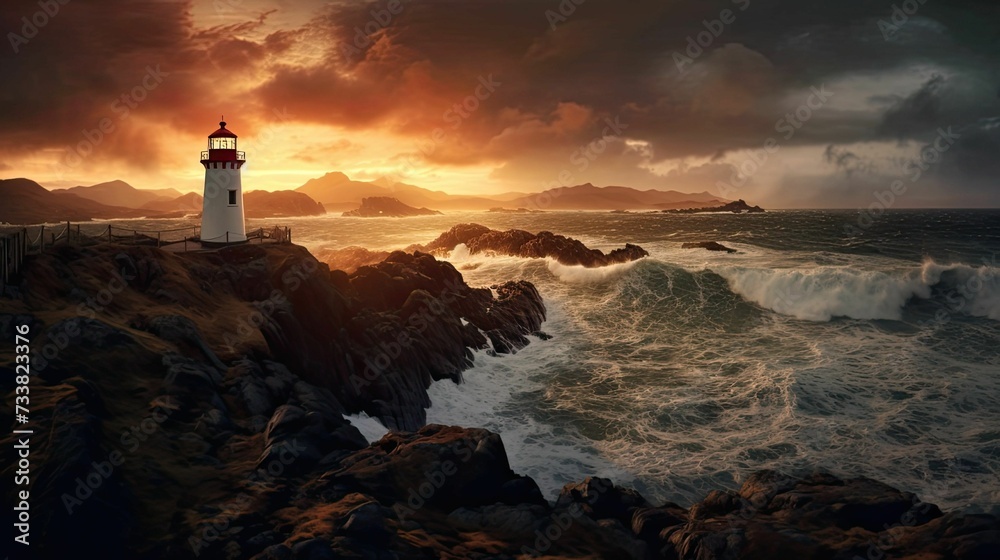 AI generated illustration of A dramatic sunrise casts a golden hue over a stormy ocean and sky