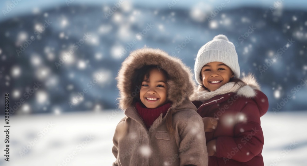 Fototapeta premium AI generated illustration of a group of playful children in winter coats, standing in the snow