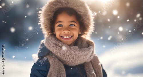 AI generated illustration of a smiling boy in a winter coat in the snow