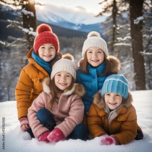 AI generated illustration of children wearing coats standing in front of a snow-covered landscape