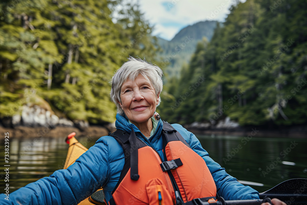 A mature woman enjoys the experience of rafting A mature woman enjoys the experience of rafting