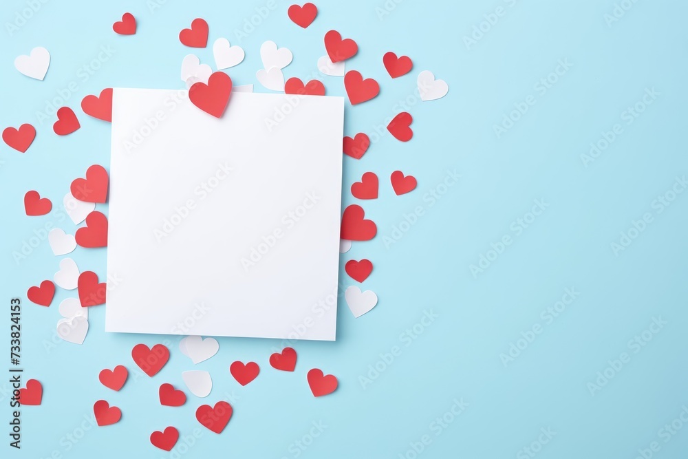 Blank greeting card mock-up, confetti red hearts of paper on blue background. Flat lay, top view, copy space. Valentine's day, Mother's day, Women's Day, Wedding, love concept