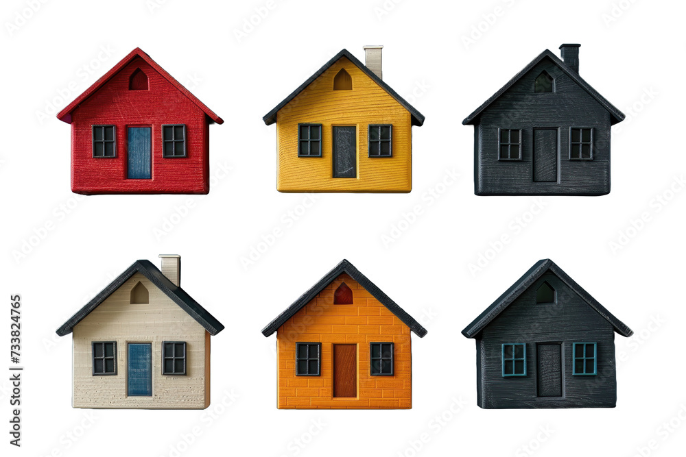 Six miniature house models in different colors and textures on a black background. Six miniature house models in different colors and textures on a black background.