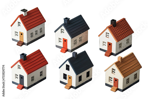 Six miniature cartoon-style houses in a variety of colors and roof textures on a black background.