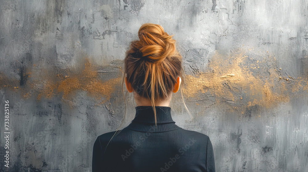 Young woman in front of a textured gray wall, view from the back.