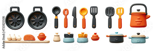 A playful collection of kitchen utensils and cookware, including a cutting board with food items. photo