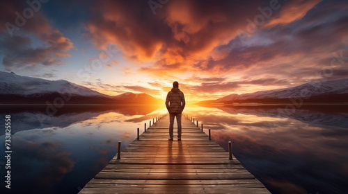 AI generated illustration of a man standing on a pier, facing a vast, tranquil lake at sunrise