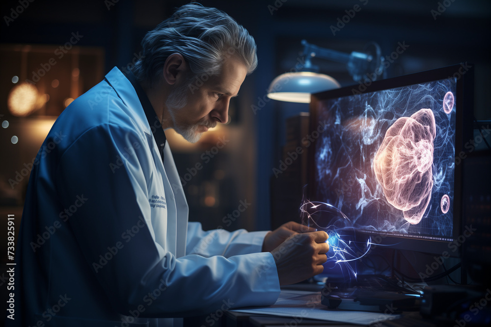 Application of artificial intelligence. Caucasian older male scientist is using artificial intelligence (AI) to find a way to recognise cancer on an early stages. Adult man in medical clothes working Application of artificial intelligence. Caucasian older male scientist is using artificial intelligence (AI) to find a way to recognise cancer on an early stages. Adult man in medical clothes working