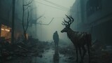 AI generated illustration of a deer and a man in a post-apocalyptic city