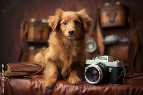 AI generated illustration of a cute brown novo scotia retriever beside a vintage camera